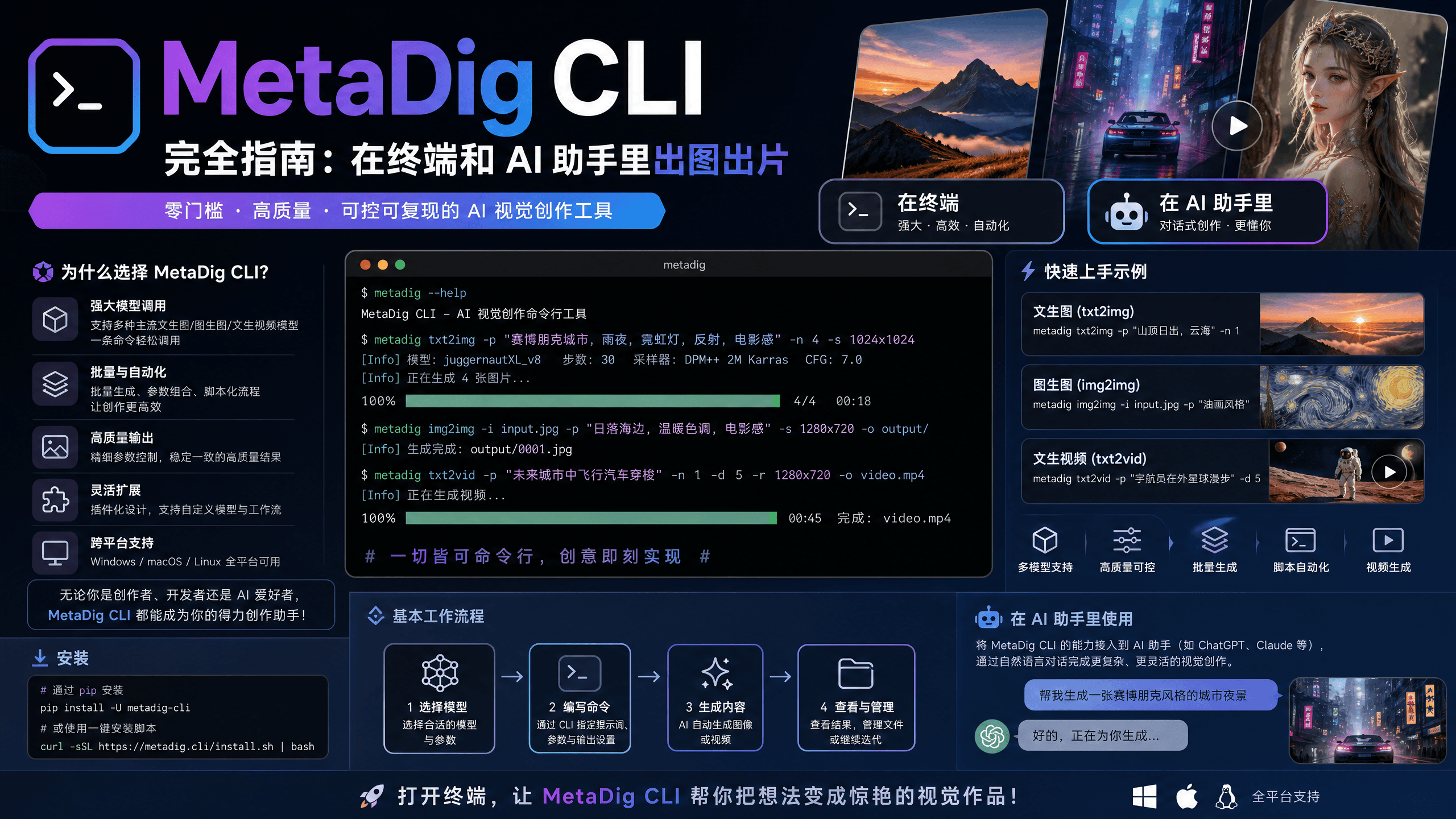 MetaDig CLI 完全指南：在终端和 AI 助手里出图出片